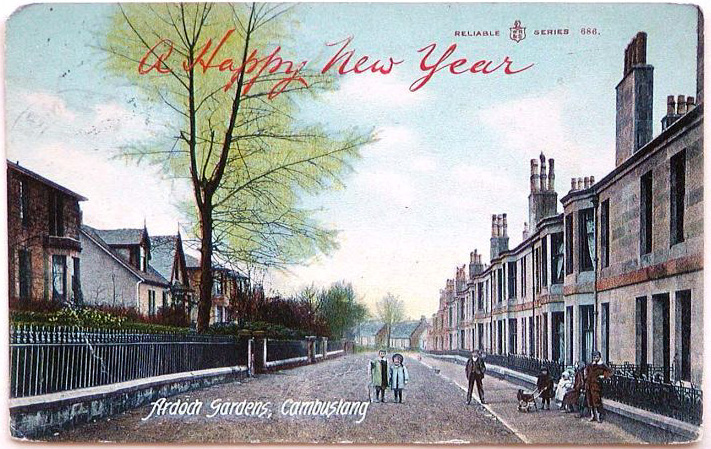 Ardoch Gardens - Circa 1900 - First house on the left is No.12 Ardoch Grove, and children on the right are standing outside the 'close' at No.7 Ardoch Gardens. - Card dated 1907 - Published by Peddie & Coy, Cambuslang - Reliable Series No 686