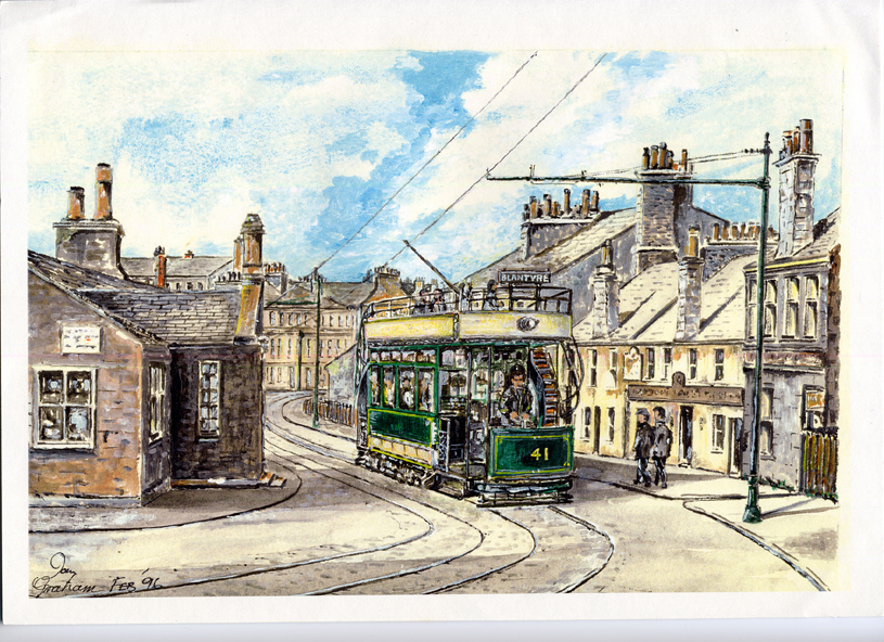 Ian Graham's sketch of a Lanarkshire Tram passing the Toll House - Drawn in Feb 1996