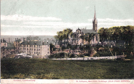 Kirkhill with Parish Church, between the buildings on the left the chimney Stack of the Toll Pit can be seen - Circa 1900 - Card Dated 1906 -  Published by H.Lithgow, Morriston Buildings (OLD POST OFFICE)
