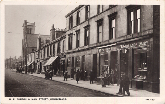 Main Street between Bridge St. & Morrison St. U.F Church on the left. Building on right known as Woodlands Place - cirac 1920 - Reliabale Series No. 181/20 - Published Peddie & Co. Cambuslang