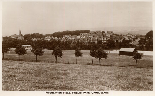 Public Park with Tennis Pavillion on right & Kirkhill Parish Church on the left - Circa 1940's - Published by D.K.Brown, 8 & 78 Main Street, Cambuslang